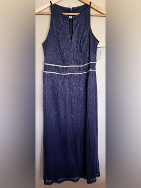 Oleg Cassini Navy Metallic Keyhole Dress Size 6 David’s Bridal Gold Detail